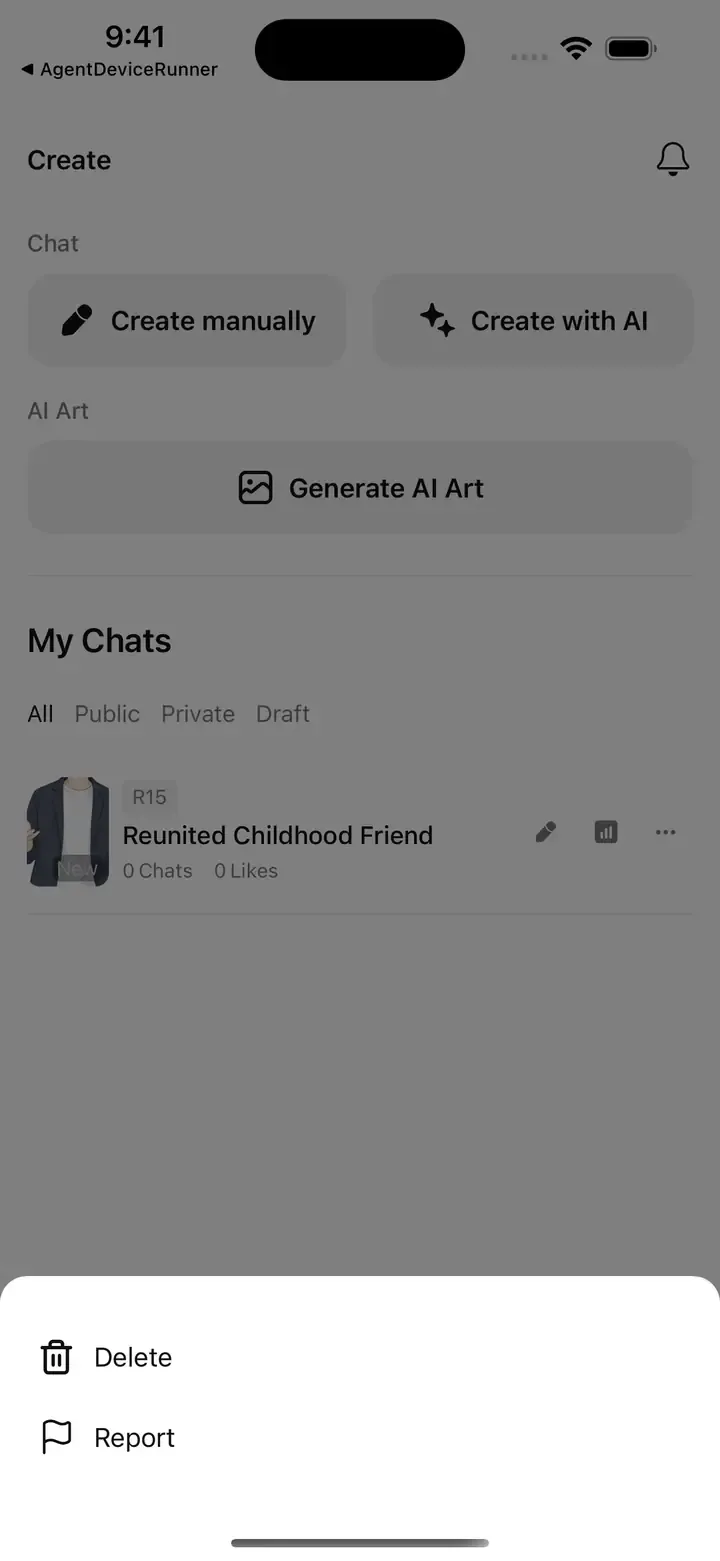 Three-dot menu (Delete / Report)